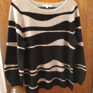 Chico's Black and Taupe Striped Crewneck Sweater